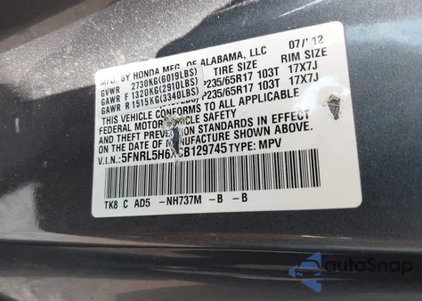 2012 Honda Odyssey Ex-L z USA, uszkodzony, nr VIN 5FNRL5H6XCB129745